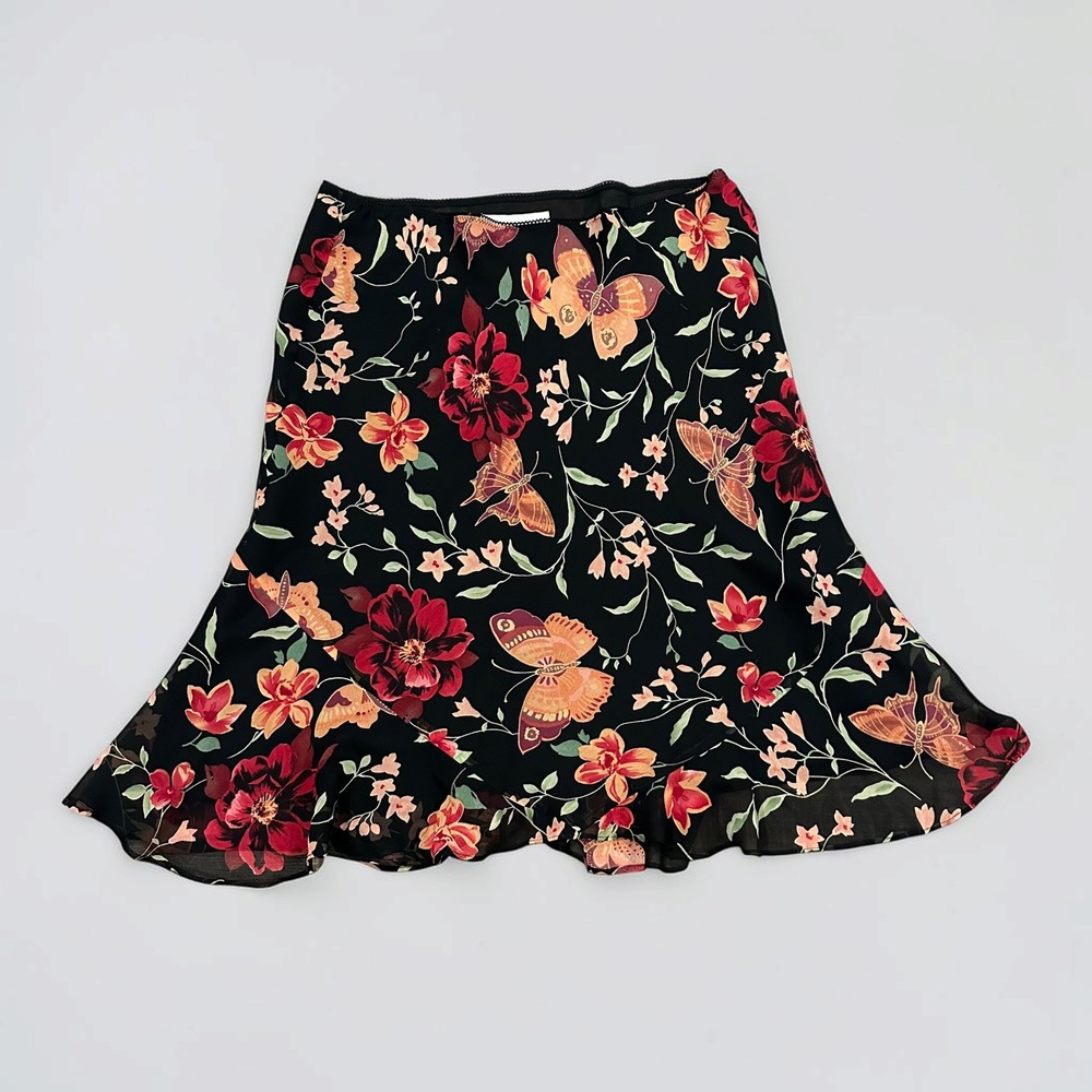 Petite Sophisticate Silk Butterfly Floral Ruffle Skirt Black Size 10 Women Y2K